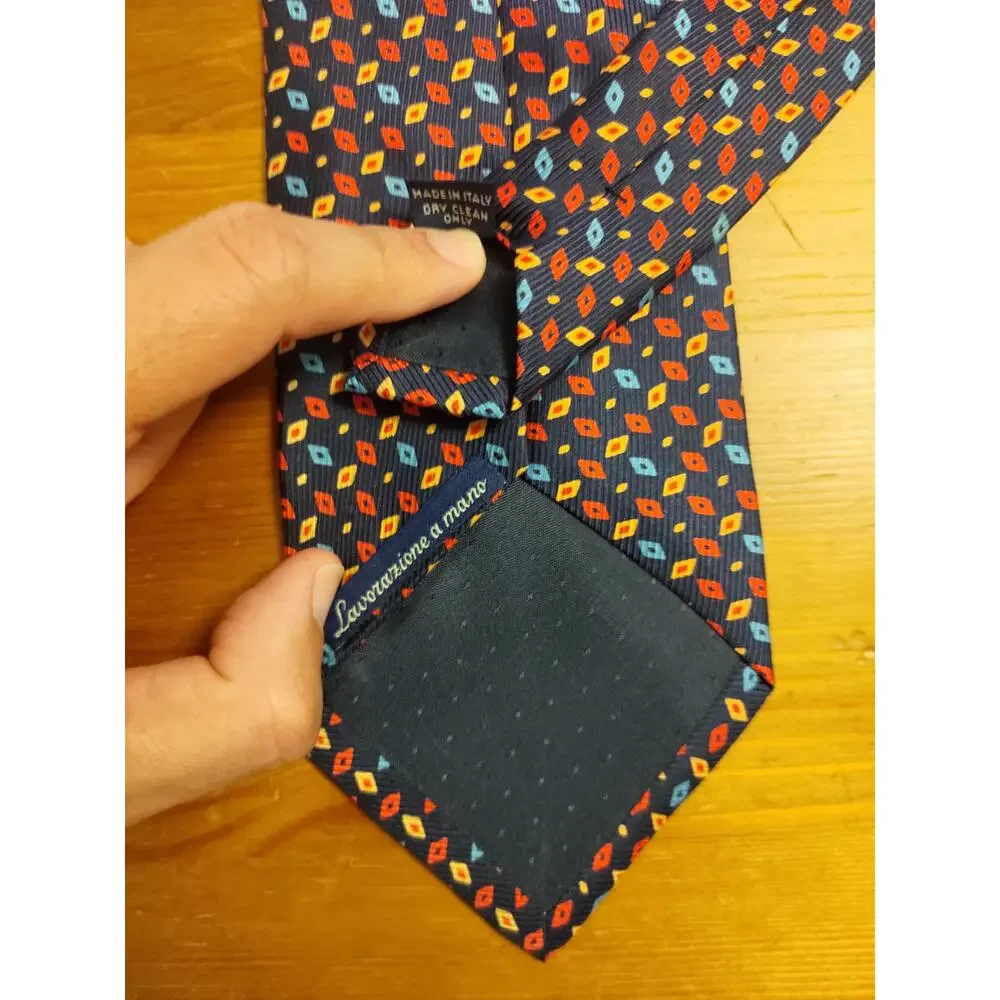 Giorgio Sermoneta Roma 100% Silk Necktie Navy With Multicolor Geometric Pattern